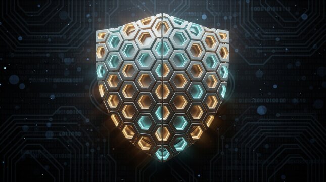 Futuristic Hexagonal Shield Protecting Digital Network Data