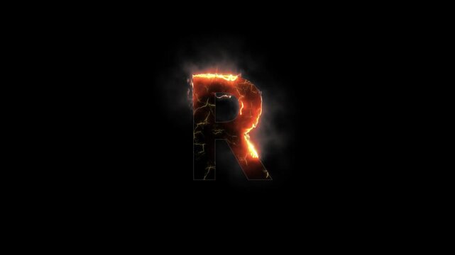 Letter R is on fire with alpha channel, fire letters and alphabet with transparent background, the letter is burning