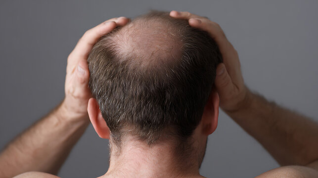 Vista trasera de un hombre con calvicie de patr&oacute;n, manos en la cabeza, demostrando preocupaci&oacute;n por la salud del cabello y problemas de ca&iacute;da del cabello
