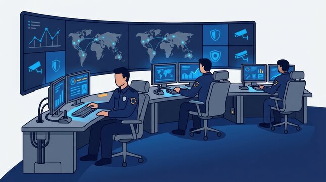Three security operators are focused on multiple screens in a command center. They monitor real-time activities and security data.