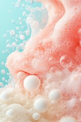 Fototapeta premium Vibrant pink and white foam bubbles spreading on a light blue background. Fluid textures capture dynamic movement for digital trends and viral engagement.