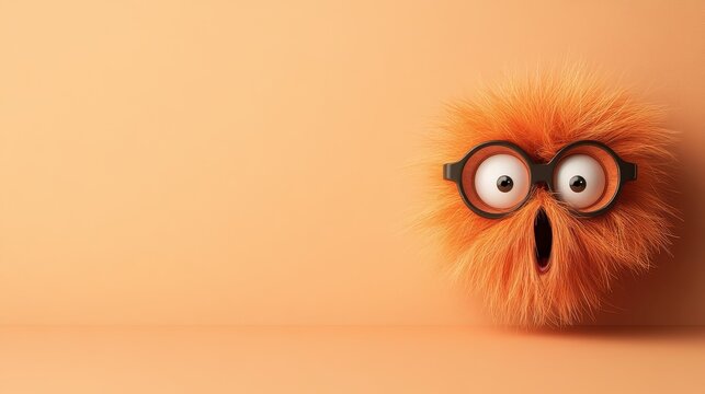 Funny orange furry creature with black goggles and wide amazed eyes on a plain background. Perfect for marketing memes.
