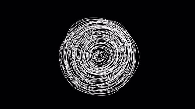 Abstract circular scribble tangle, boiling line art loop with alpha channel. White boiling line art animation of a messy circular scribble tangle.