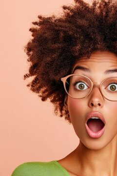 Young woman with curly hair and glasses, wide eyes and open mouth showing extreme surprise, ideal for marketing memes and social media.