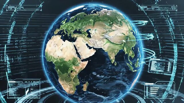 Futuristic digital earth globe with HUD interface, global data network and cyber security concept, high-tech planetary communication system