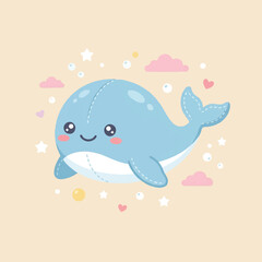Naklejka premium Cute minimal blue whale illustration, a modern 2026 futuristic AI concept, soft pastel colors, whimsical cloud and star accents, perfect for children's decor and playful designs