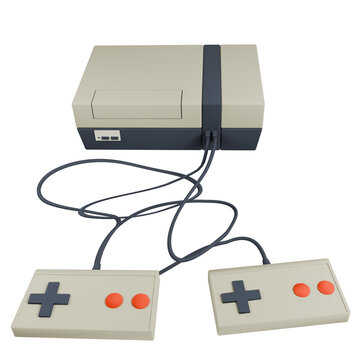 Vintage video game console with two controllers connected.