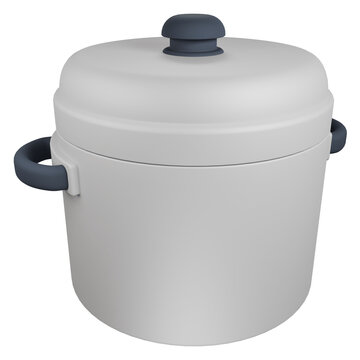 White cooking pot with dark handles and lid.