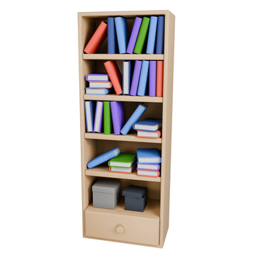 Wooden bookshelf filled with colorful books and storage boxes.
