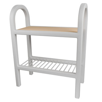 White Rattan Two Tier Shelf Unit With Natural Wood Top.