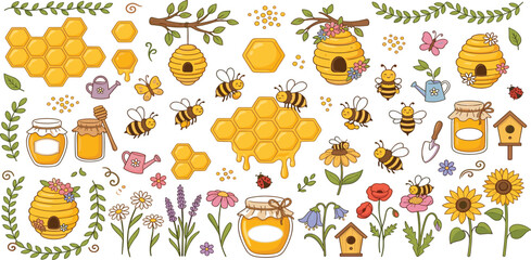 Hand Drawn Beekeeping Elements Collection with Honeycomb, Beehives, Bees, Wildflowers, Honey Jars, Garden Leaves, and Rustic Nature Design Illustrations © Ruma