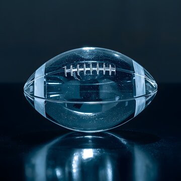 Clear glass football sitting on a reflective dark surface with blue lighting.