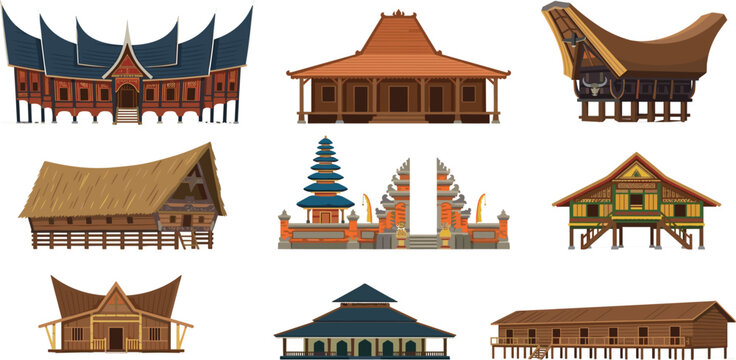 Traditional Indonesian Architecture Landmark Collection Featuring Rumah Gadang, Joglo House, Tongkonan, Balinese Temple, and Regional Heritage Building Illustrations