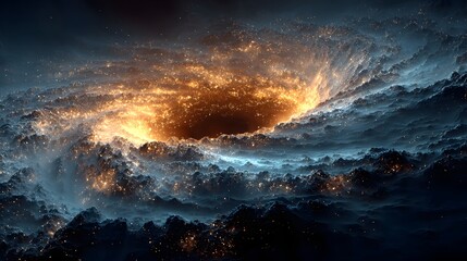 Fototapeta premium Abstract glowing cosmic vortex swirling in deep space with light particles and nebula clouds, cinematic.