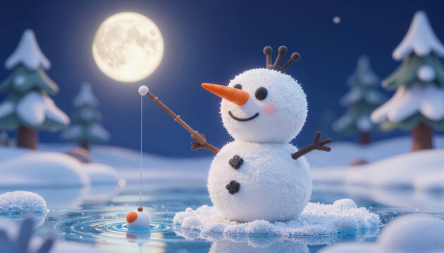 3D Illustration kleiner Schneemann angelt im Wintersee bei Mondschein