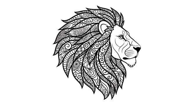 Black and white lion head with ornate mane