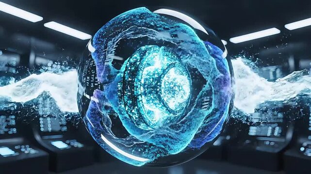 Futuristic fusion reactor core with glowing blue energy plasma, high-tech sci-fi power source in laboratory, cinematic quantum energy sphere