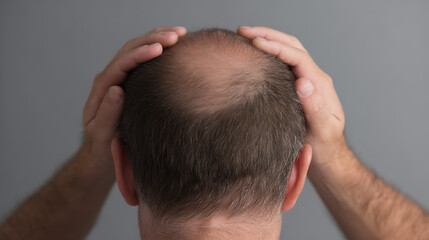 Fototapeta premium Middle-aged man's scalp showing hair loss and receding hairline from behind, hands on head, on a gray background, conveying concern