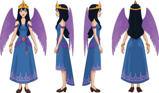 Dress with wide skirt, sleeveless cut and purple bodice with gold trim, shown on a fashion model in a clean studio background, full-length view.