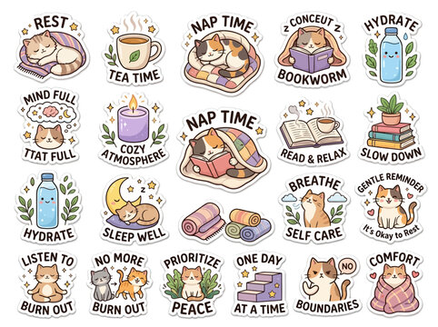 Self Care Cartoon Cat Illustrations.