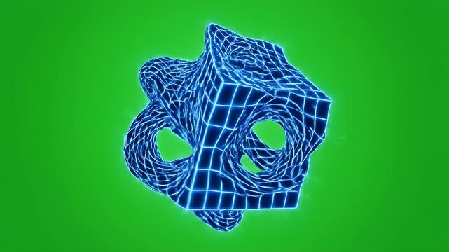 Futuristic Morphing Cube on Green Screen Background - This video showcases a digital blue cube with a grid design that appears to be morphing and distorting.