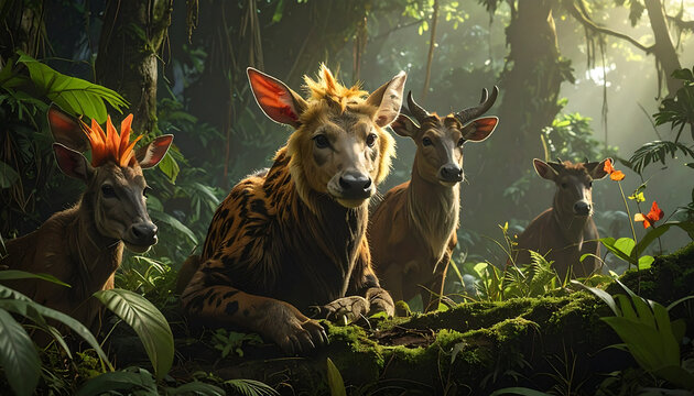 Enchanted creatures within deep rainforest