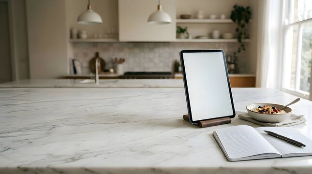 modern tablet workspace with healthy breakfast notebook and ai assisted productivity planning in minimalist home kitchen