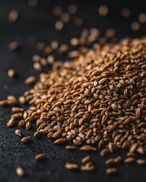 Close-up of a pile of aromatic cumin seeds, showcasing their rich brown color and texture against a dark background.