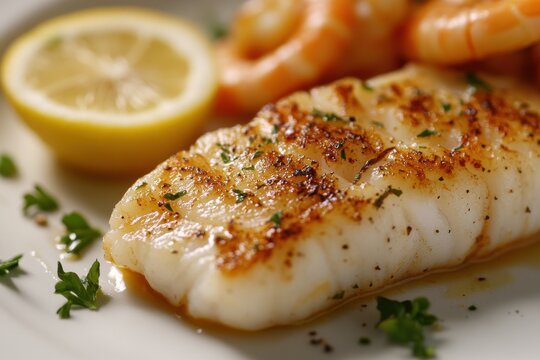 Deliciously grilled white fish fillet garnished with herbs, served with shrimp and a slice of lemon.