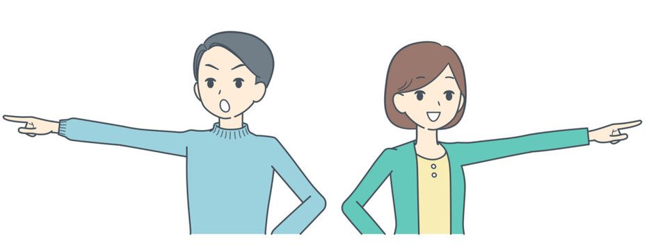 それぞれ別の方向を指さし、驚く若い男女のイラスト
