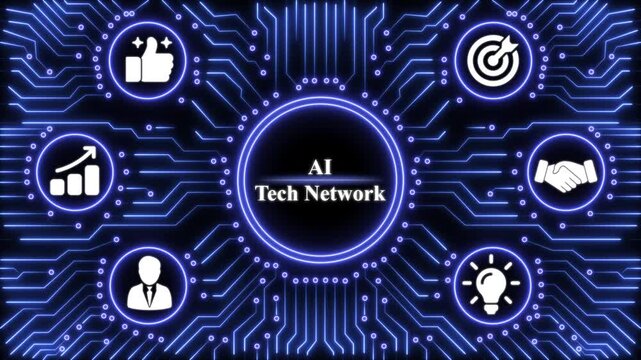 Ai tech network concept with glowing blue circuitry background and digital
