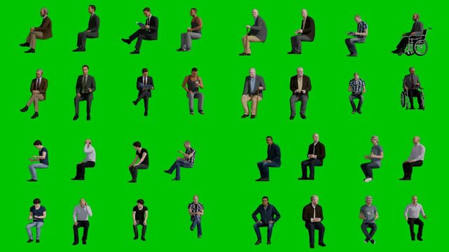 3D animated cartoon animation displaying people sitting standing gesturing various poses on vivid green screen chromakey background. Perfect for dynamic overlays lifestyle stock footage visual effects