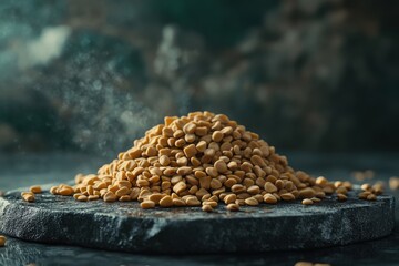 Obraz premium A detailed view of a mound of yellow split peas on a dark stone surface, highlighting their texture and color.
