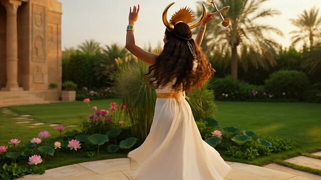 Ancient Egyptian Goddess Priestess Dancing in Lush Temple Garden with Lotus