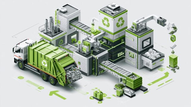 Recycling illustrated a collection truck arrives at a sorting facility that processes materials into modular recycled outputs.