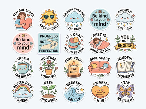 Colorful motivational stickers for positivity.