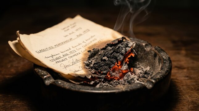 Burning Documents - Ashes and Smoke Rising from a Silver Dish.