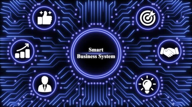 Smart business system concept with glowing blue circuitry background and digital