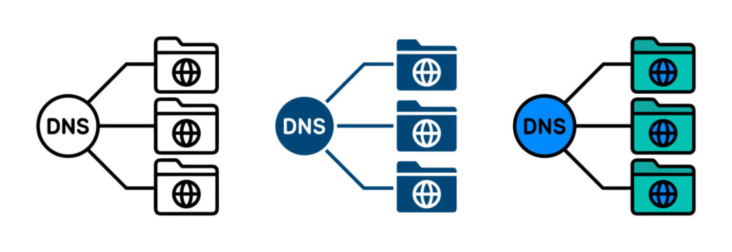 DNS icon set for network configuration and domain resolution outline, solid and color styles, white background