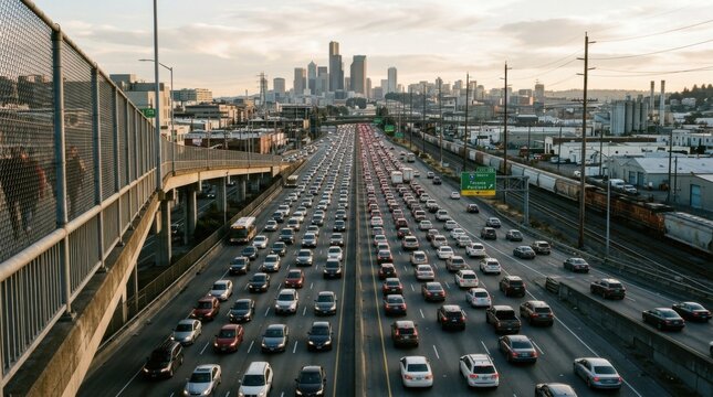 Busy Highway Traffic Jam with City Skyline in the Background.