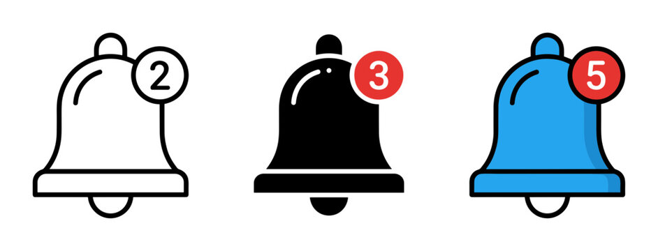 Notification bell icon set for alerts and updates, outline, solid and color styles, white background
