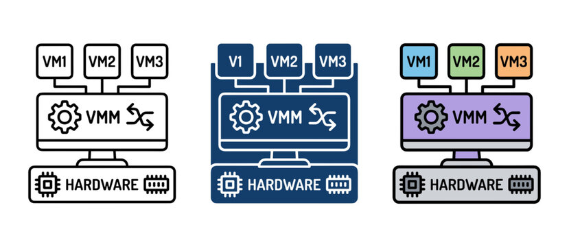 Virtualization icon set for cloud computing and server management outline, solid and color styles, white background