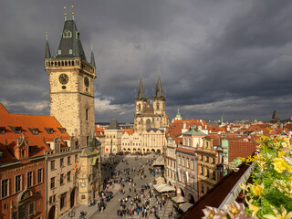Obraz premium Old Town Square and Astronomical Clock from above, Prague, Czech Republic