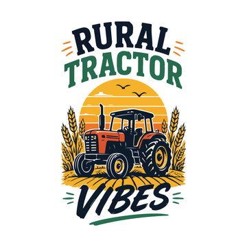 Rural Tractor Vibes t-shirt design, modern bold typography, stylized tractor icon with wheat field and sunset, flat vibrant colors

