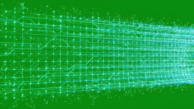 Futuristic Digital Grid on Green Background - A dynamic blue digital grid, resembling a network or scanning system, moves across a vivid green chroma key backdrop.