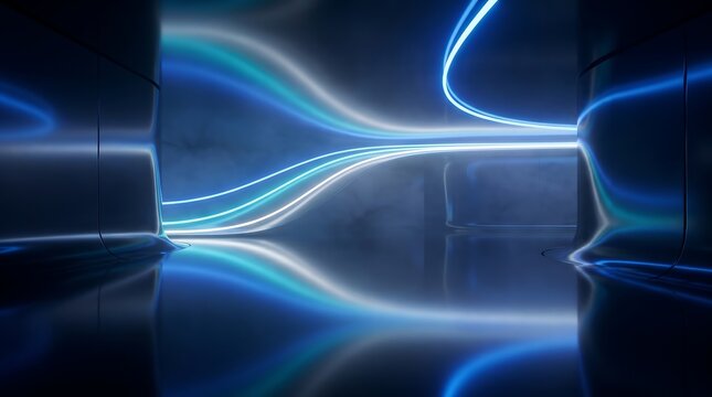 Abstract futuristic interior corridor with glowing neon light streaks and metallic surfaces abstract interior corridor futuristic metallic architecture reflection structure technology
