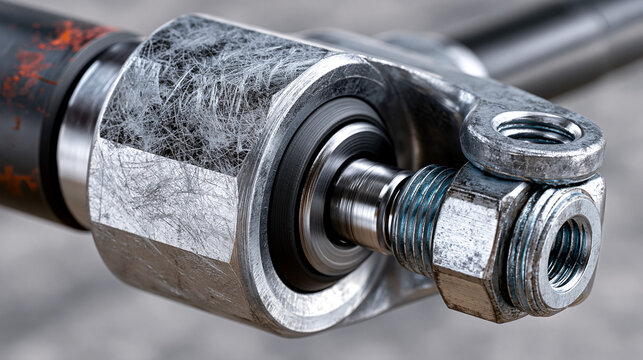 Pneumatic cylinder clevis rod end bearing swiveling on pivot pin, chrome rod surface showing micro-scratch wear pattern from seal contact, barrel flats machined for wrench engagement, nose mount thr