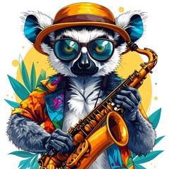 Naklejka premium Lemur playing saxophone in hat.