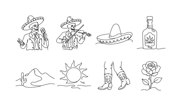 "Day of the Dead mariachi sunset". Minimalistic set one-line drawing [skeleton singer, mariachi violin, wide sombrero, tequila bottle, desert mountain, glowing sun, dancing skeleton boots, rose