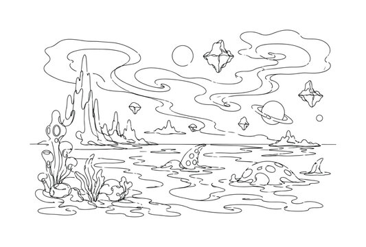 "Extraterrestrial Shores". Minimalistic one-line drawing a surreal alien sea beneath swirling purple clouds with floating rocks and unusual marine shapes, continuous single black line on white